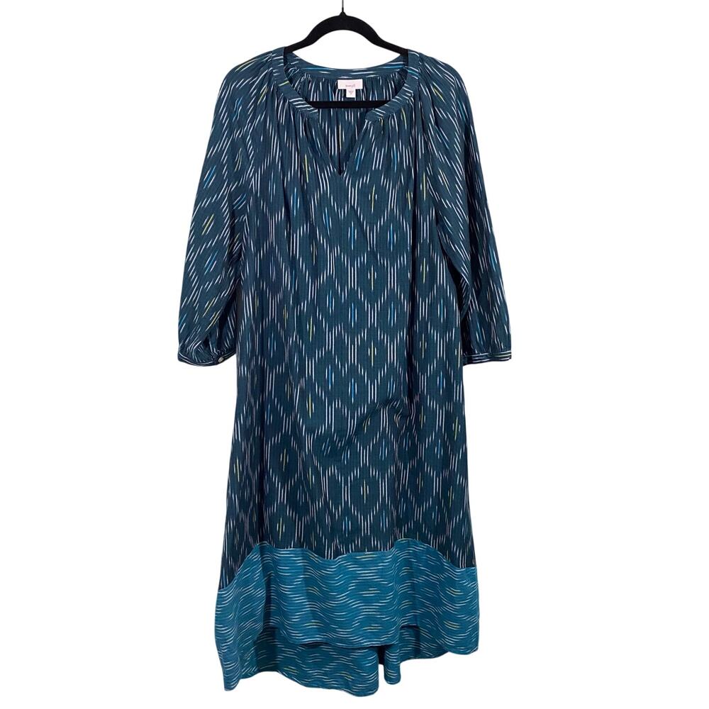 Pure Jill Women Green Ikat 100% Cotton Loose Fit Maxi Peasant Dress Size M